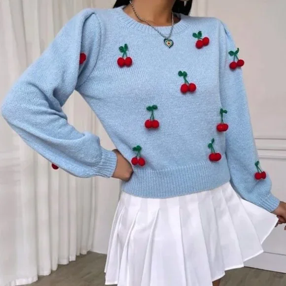 Lantern Sleeve Cherry detailed Knit Sweater Top - Picture 1 of 6